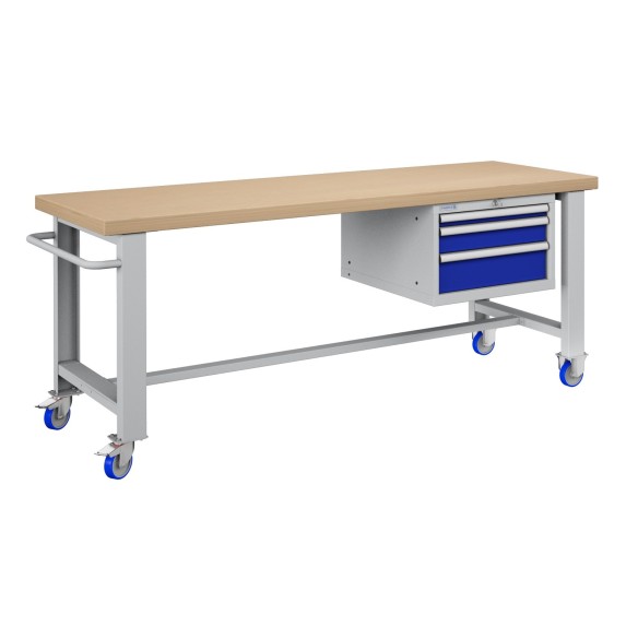 BANCO LAVORO CON RUOTE E 3 CASSETTI  PROFESSIONALE 75 x 200 cm portata 400 KG. ripiano in Legno o gomma anti olio