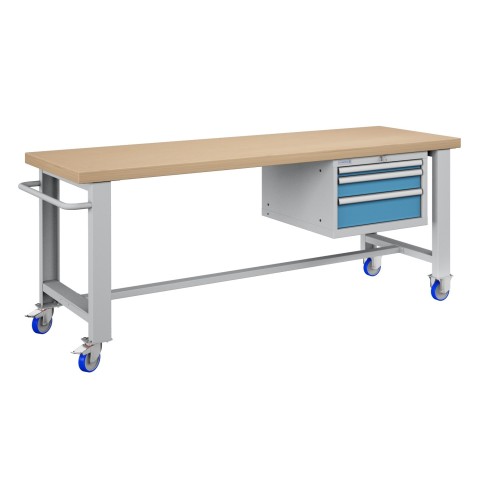 BANCO LAVORO CON RUOTE E 3 CASSETTI  PROFESSIONALE 75 x 200 cm portata 400 KG. ripiano in Legno o gomma anti olio