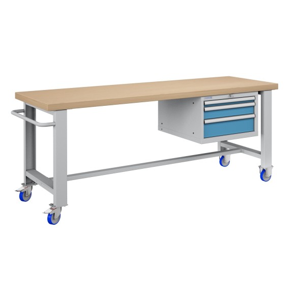 BANCO LAVORO CON RUOTE E 3 CASSETTI  PROFESSIONALE 75 x 200 cm portata 400 KG. ripiano in Legno o gomma anti olio