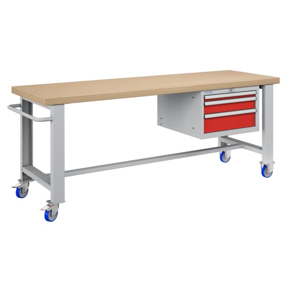 BANCO LAVORO CON RUOTE E 3 CASSETTI  PROFESSIONALE 75 x 200 cm portata 400 KG. ripiano in Legno o gomma anti olio