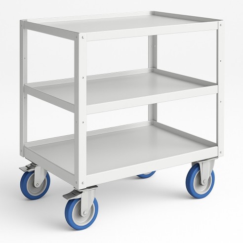 Carrello 3 piani in lamiera per trasporto materiale con ruote freno e maniglione 632x486x823h mm