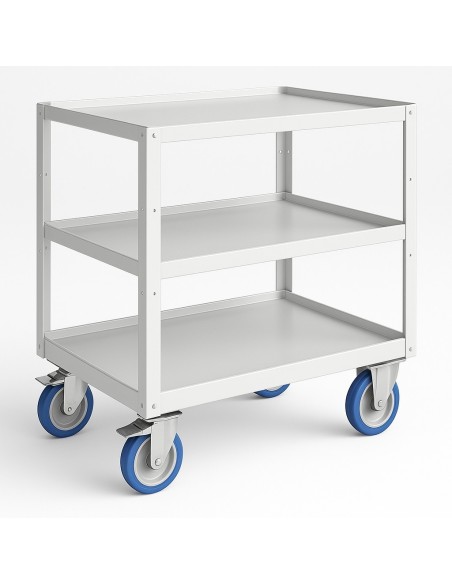 Carrello 3 piani in lamiera per trasporto materiale con ruote freno e maniglione 632x486x823h mm