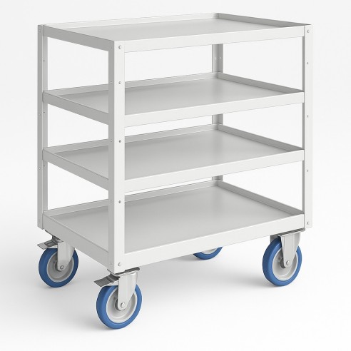 Carrello 4 piani in lamiera per trasporto materiale con ruote freno e maniglione 632x486x823h mm