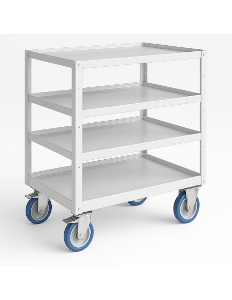 Carrello 4 piani in lamiera per trasporto materiale con ruote freno e maniglione 632x486x823h mm