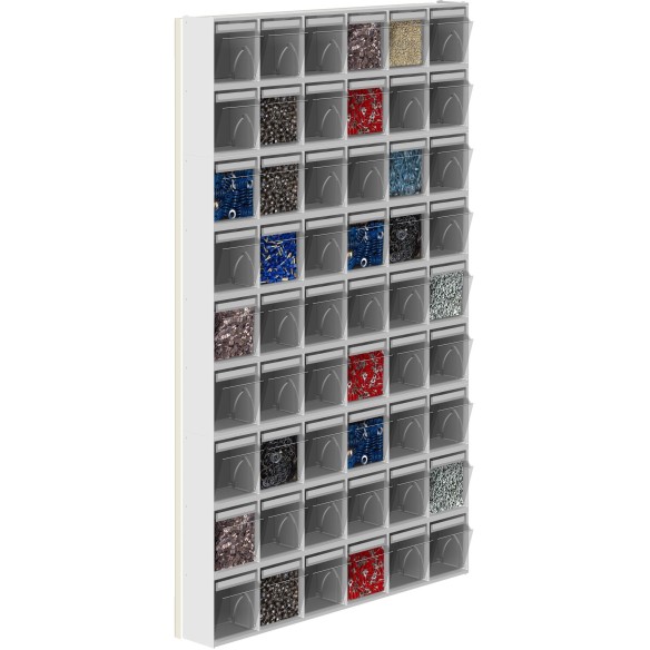 Scaffale Porta Minuteria 54-6 Cassetti Basculanti in Plastica Trasparente Portaminuterie Cassettiera