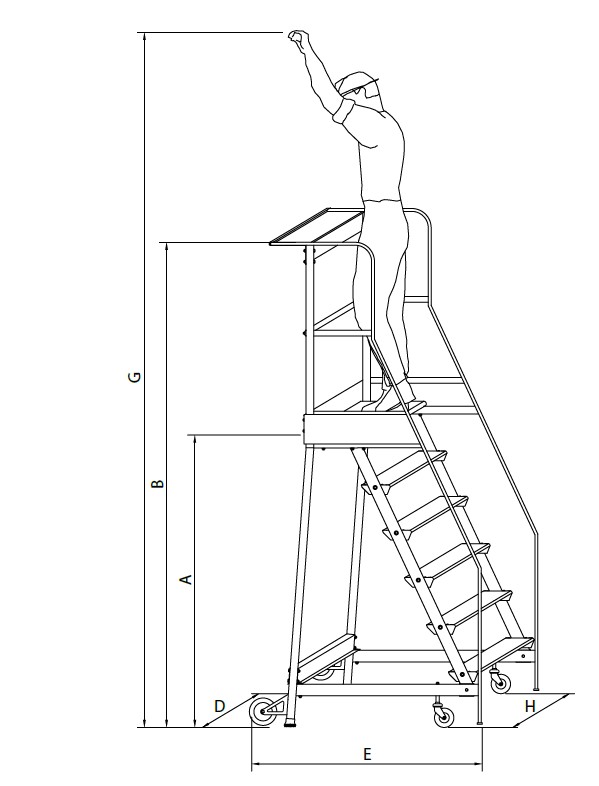 Disegno tecnico quotato della scala CCBR con riferimenti A, B, D, E, G, H