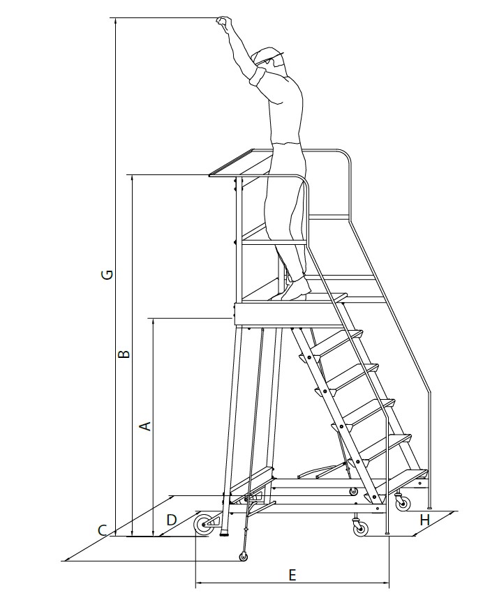 Disegno tecnico quotato della scala CCBS con riferimenti A, B, C, D, E, G, H